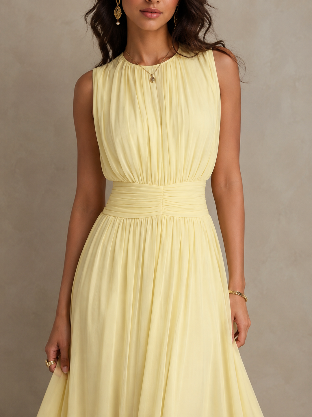 Roxanne | Mouwloze Maxi-jurk met Geplooide Taille