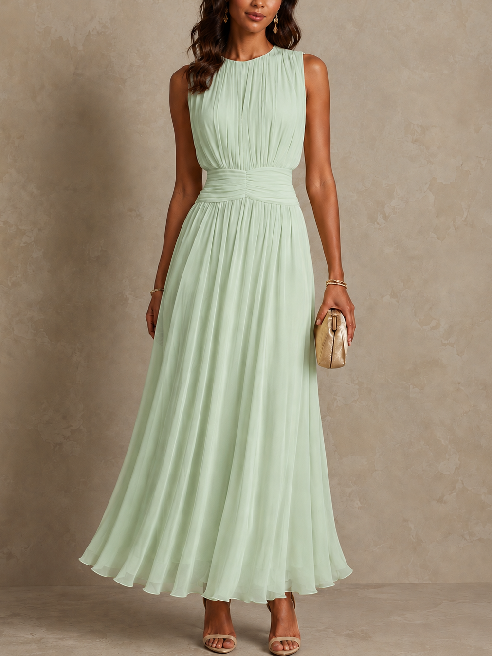 Roxanne | Mouwloze Maxi-jurk met Geplooide Taille