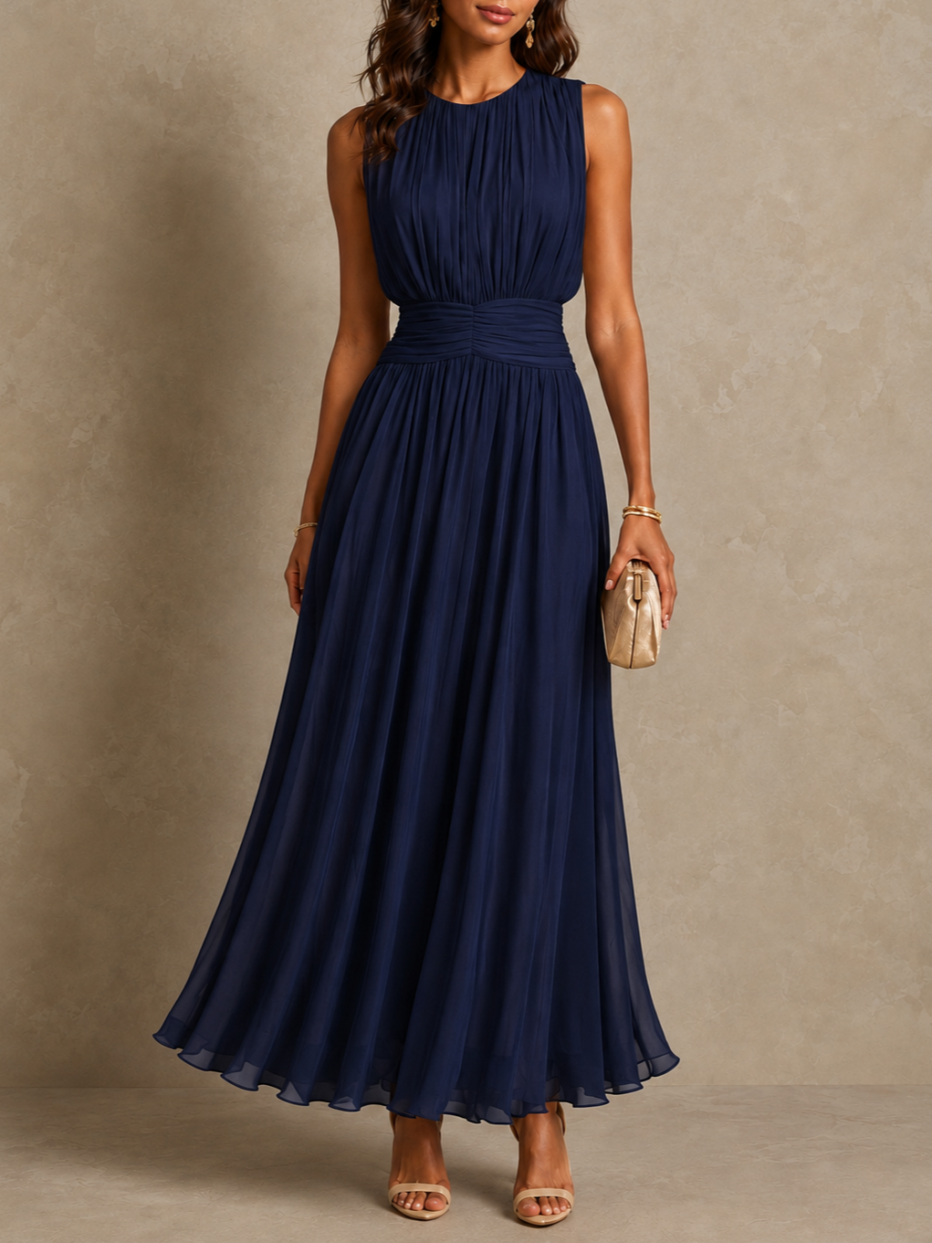 Roxanne | Mouwloze Maxi-jurk met Geplooide Taille