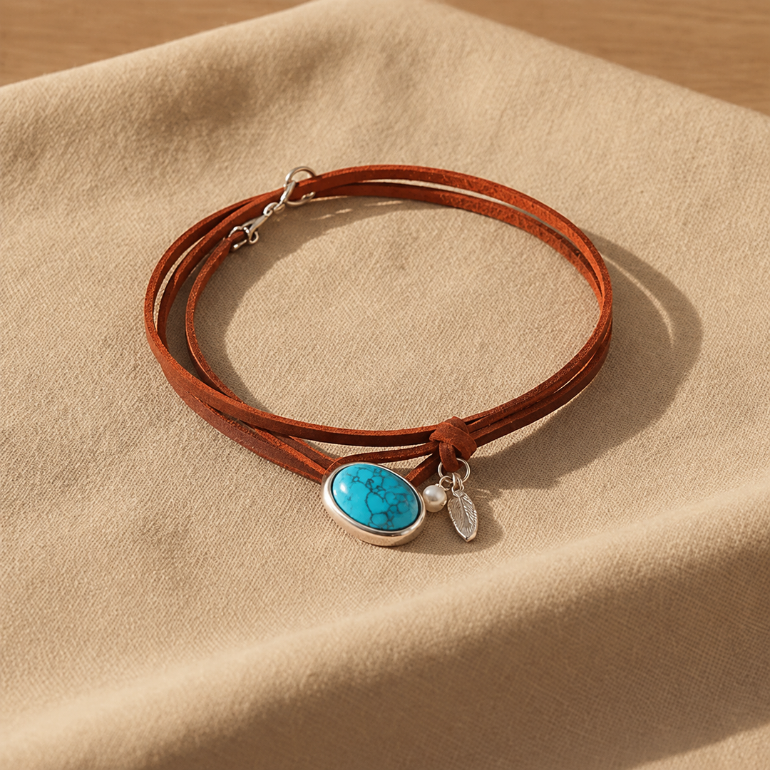 Agnese leren choker met turkoois