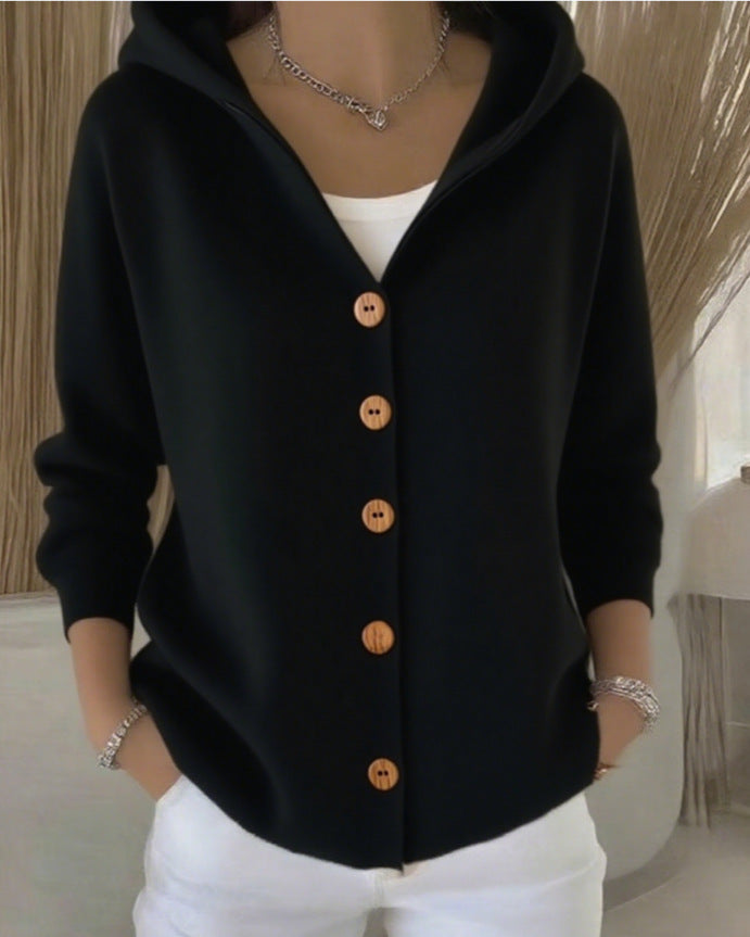 Merel | Gebreid vest met capuchon en knopen