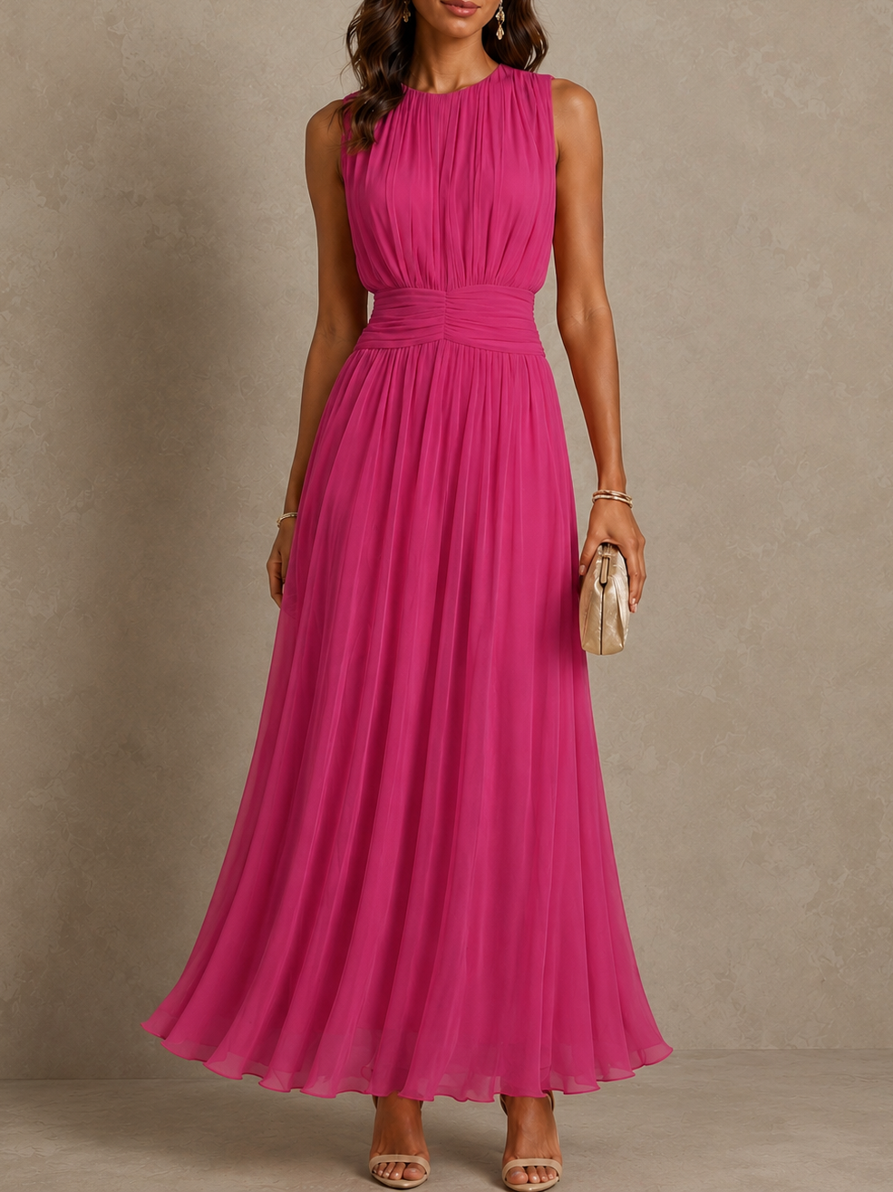 Roxanne | Mouwloze Maxi-jurk met Geplooide Taille