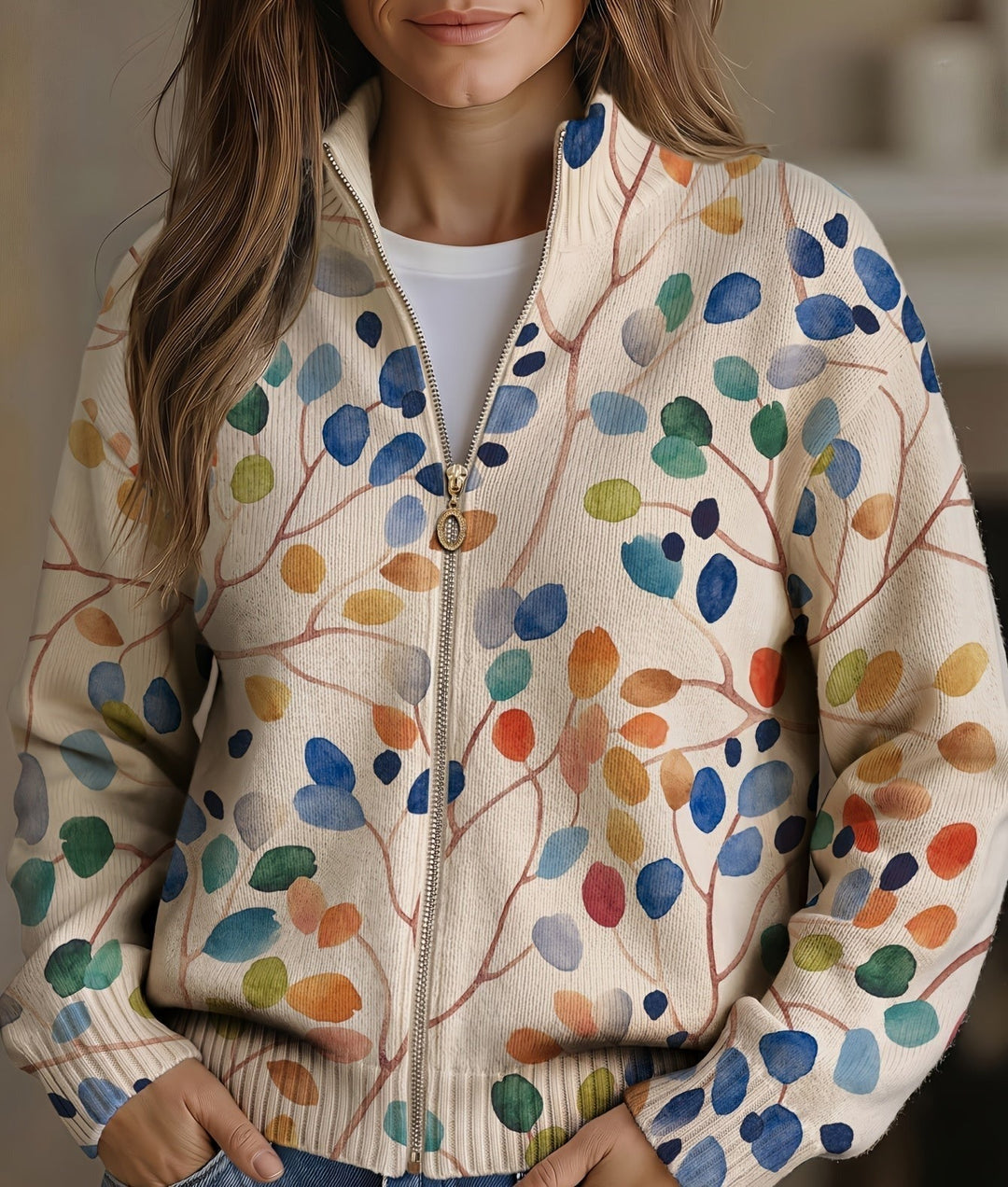 Roosmarijn | Vest met rits en botanische bladprint